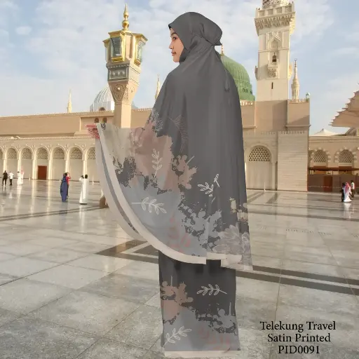 Telekung Travel Satin Printed (Awning Moss Crepe Berdagu) in PID0091